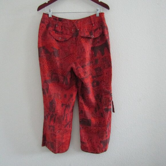 Chico's Vintage Linen Pants 1 Red Printed Coastal Artsy Cargo Boho Lagenlook - Picture 8 of 12